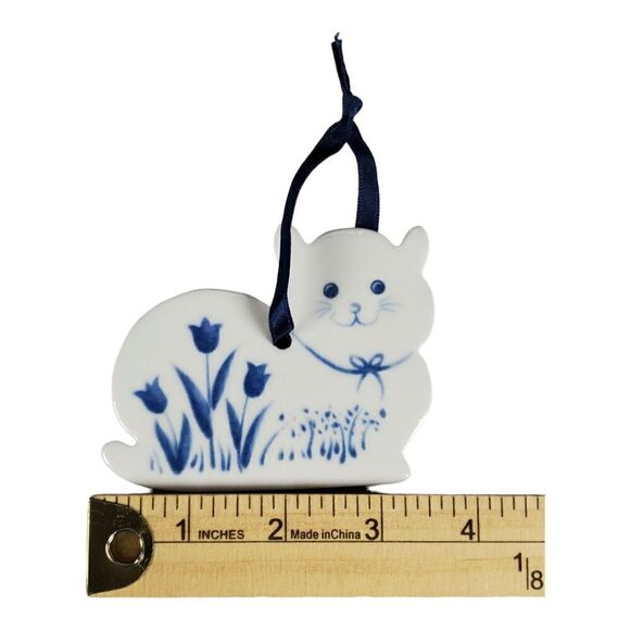 Vintage Russ Berrie Cat Ornament Blue Ceramic Floral Christmas Collectible Gift - Picture 7 of 8